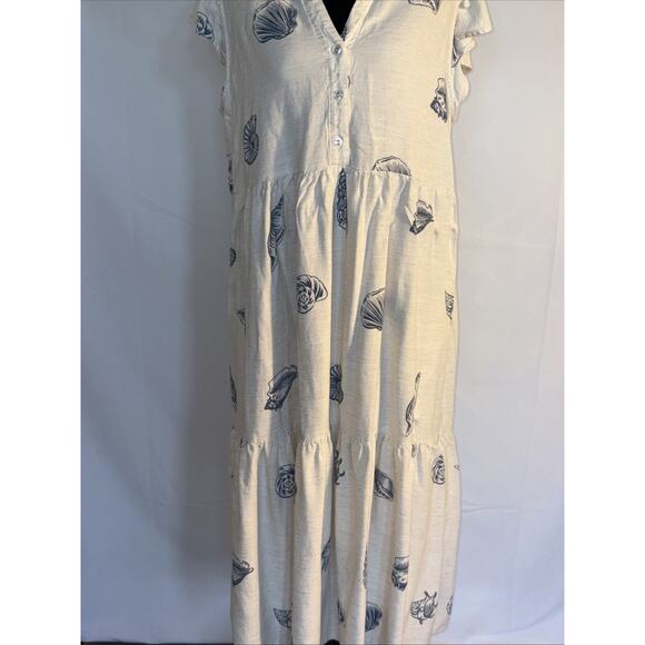 June & Delancey Cream Blue Seashell Tiered V- Neck Women’s DressBeach Costal Xl - Picture 6 of 13